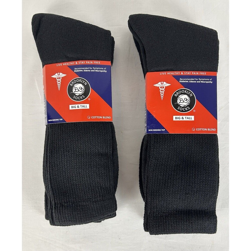 Brooklyn Socks Mens Big & Tall Diabetic Cotton Crew Neuropathy Black Lot/6 Pairs